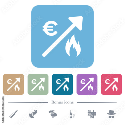 Rising gas energy european Euro prices flat icons on color rounded square backgrounds