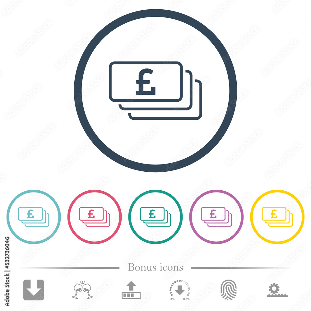 English Pound banknotes outline flat color icons in round outlines English Pound banknotes outline flat color icons in round outlines