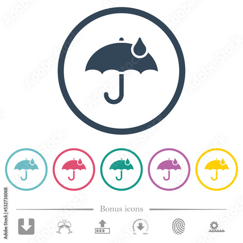 Umbrella with single raindrop solid flat color icons in round outlines