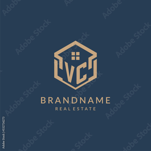 Initial letter VC hexagonal house roof shape icon logo design