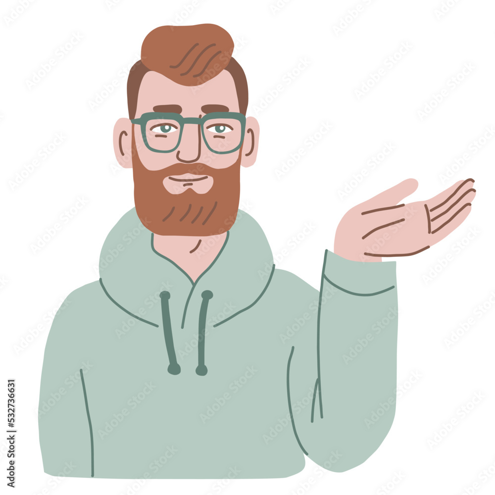 Male character holding up open palm. Showing, giving, receiving gesture. Hand drawn vector illustration