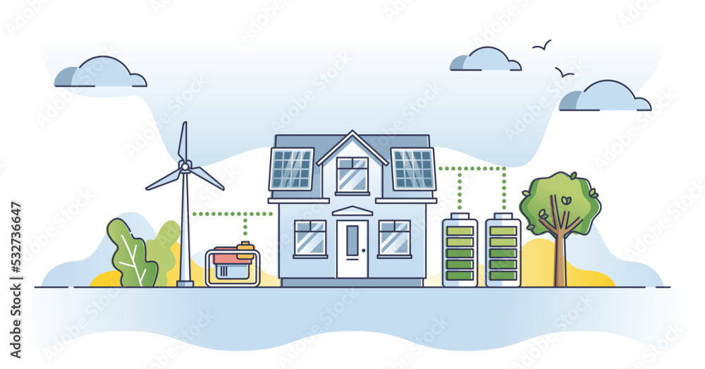 Off the grid lifestyle with independent power source supply outline concept. Building electricity from green and renewable solar panels or wind turbines vector illustration. Live alone self sufficient