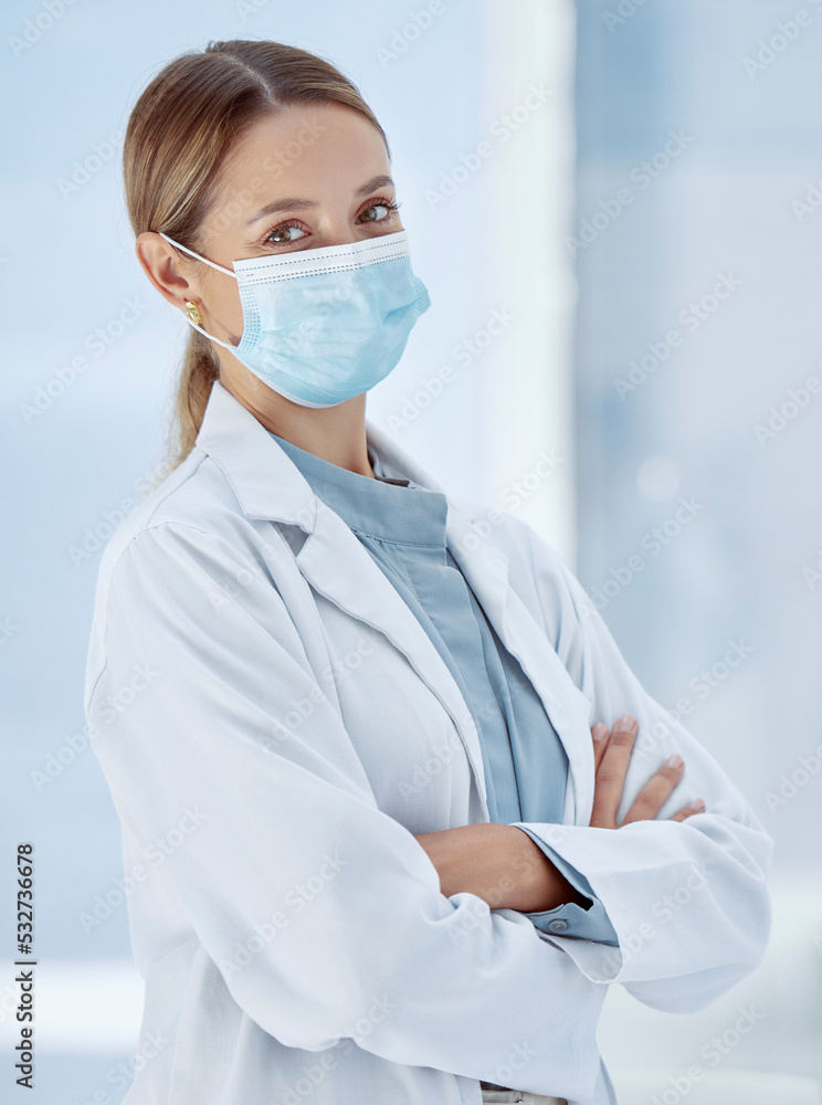 Covid, face mask or woman doctor in hospital compliance for healthcare, medicine innovation or medical motivation to stop virus. Portrait, trust or insurance support worker in global disease research Covid, face mask or woman doctor in hospital compliance for healthcare, medicine innovation or medical motivation to stop virus. Portrait, trust or insurance support worker in global disease research