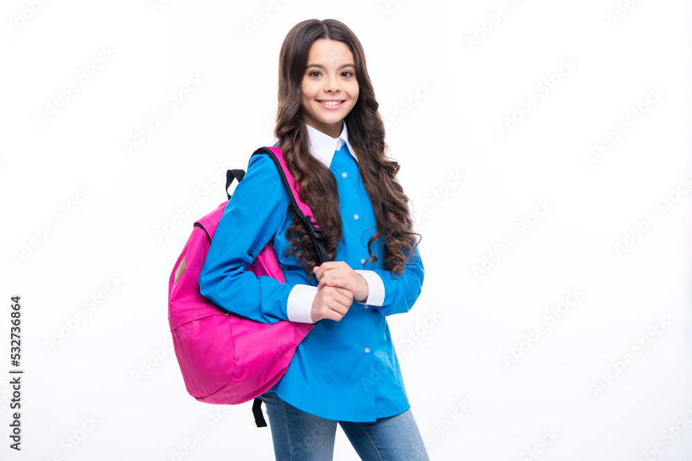 School teen girl in with backpack. Teenager student on isolated background. Kids learning, education, studying and knowledge. School teen girl in with backpack. Teenager student on isolated background. Kids learning, education, studying and knowledge.