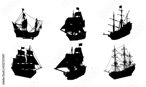 Fotografie, Tablou Silhouette of old sailing ship vector set