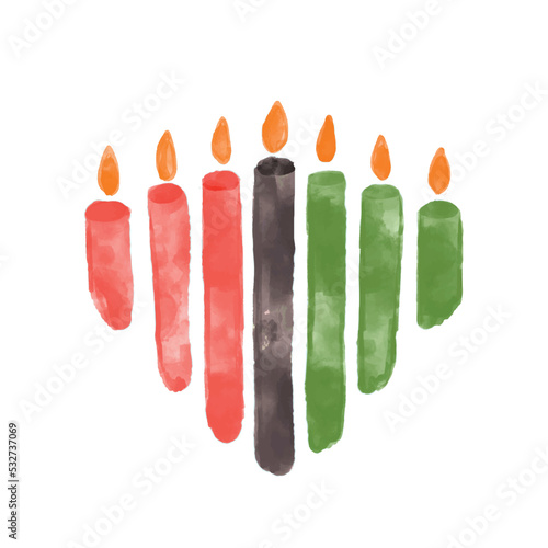 Seven candles for Kwanzaa festival celebration - Mishumaa. Artistic watercolor textured vector green, red, black burning candles. African American ethnic heritage celebration