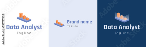 Data analyst isometric logo design set, analytics analysis symbol, business chart consultancy emblem concept, statistics editable commercial logotype, isolated on background