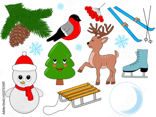 a set of winter Christmas items on a white background