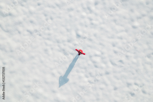 Happy woman, girl in a red winter jacket with spreading her arms standing on snow covered land . Aerial, top view, drone.  Freedom, hope, peace concept