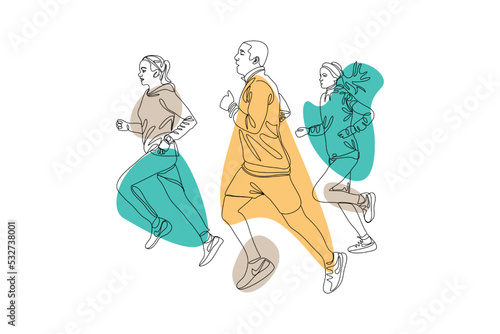People running a marathon one line on a background of colored spots