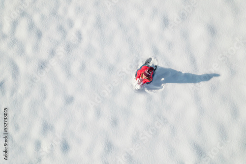 Woman in a red christmas jacket play snowballs on the snow in a park. Winter. Drone, top, aerial view.