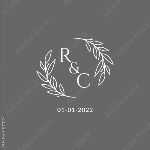 Initial letter RC monogram wedding logo with creative leaves decoration
