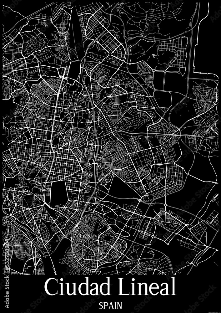 Black and White city map poster of Ciudad Lineal Spain. Black and White city map poster of Ciudad Lineal Spain.