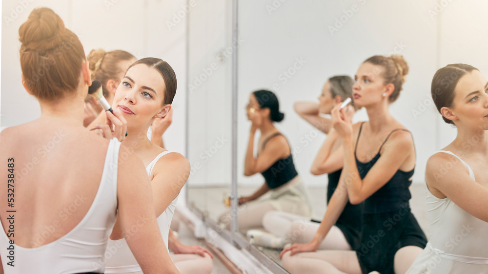 Women, ballet dancer and makeup cosmetics in studio mirror for theatre, stage and theater performance. Friends, ballerina students or creative artists in help, support and learning class for broadway