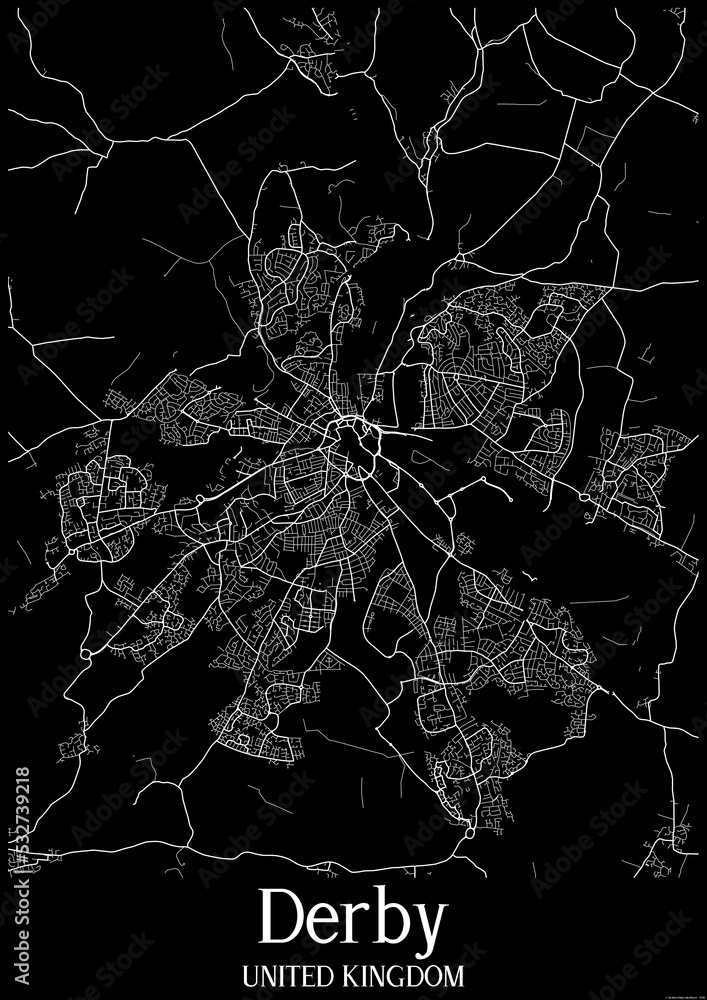 Black and White city map poster of Derby United Kingdom.