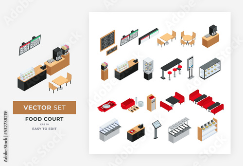 Food Court Isometric Element Vector Illustration. Contains such as cash cashier, menu board, food and beverage, minibar and more. Fully editable colors, Eps 10.