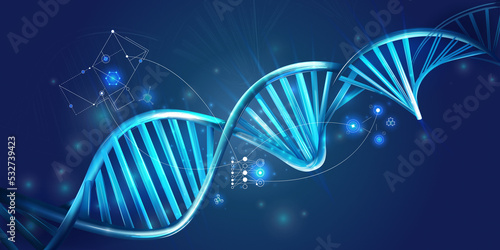 Glowing DNA spiral and HUD elements on a dark blue background.