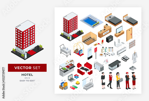 Hotel Isometric Kit. Luxury hotel building, swimming pool, luggage, hotel equipment, passport, food court, hotel reservation. Isometric vector illustration kit with tourist and hotel clerk characters.