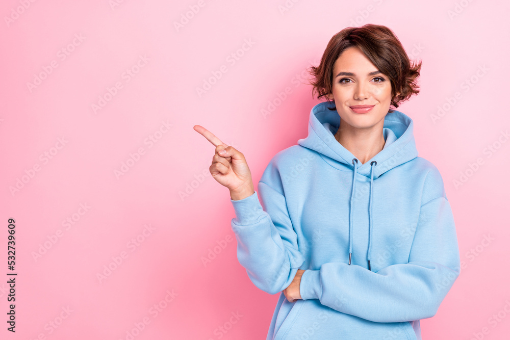 Photo of adorable lady wear blue sportswear arm present direct empty space  recommend boutique black friday isolated pink color background foto de  Stock | Adobe Stock