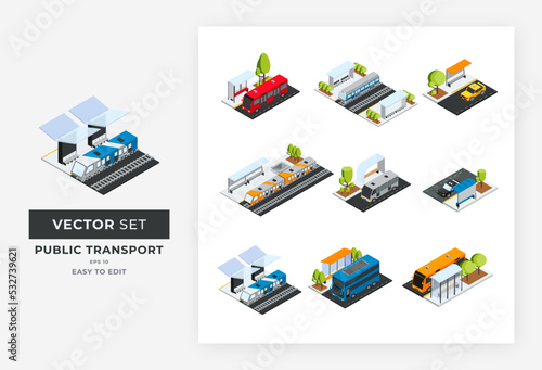 Public Transport Isometric Kit. A collection of vector illustrations such as busway, krl and mrt subway, taxi stop. Suitable design for urban transportation development. Fully editable colors, Eps 10. photo