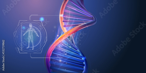 DNA spiral with abstract infographics about human health research.