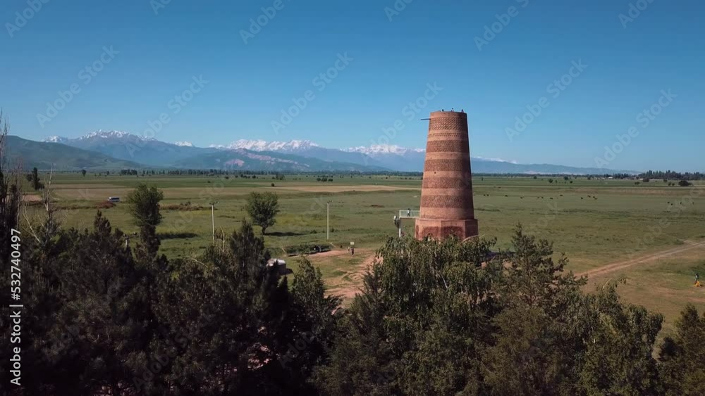Aerial View Of The Burana Tower On The Background Of Mountain Landscapes Aerial View Of The Burana Tower On The Background Of Mountain Landscapes