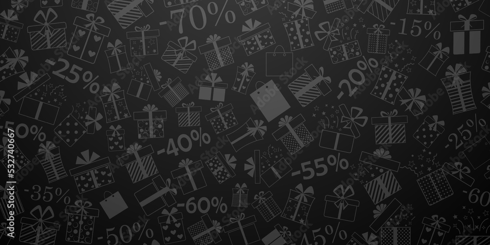 Background of gift boxes with bows and different patterns, and discount percentages, in gray and black colors Background of gift boxes with bows and different patterns, and discount percentages, in gray and black colors