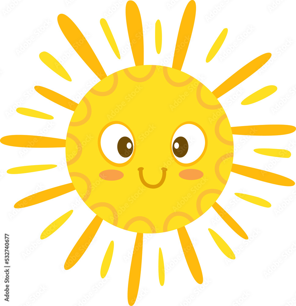 Sun smiling cartoon character, sunshine emoticon