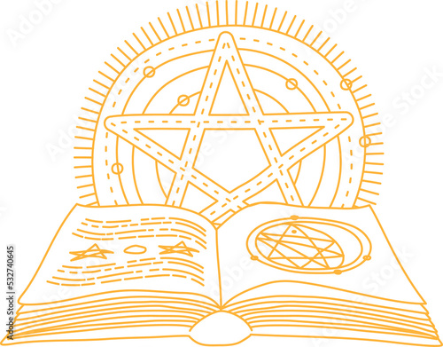 Fotografia Magic witchcraft spells book with pentagram star