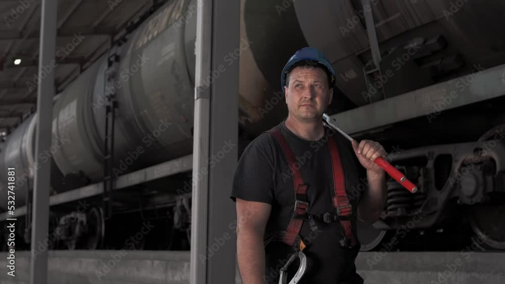 Railroad station worker moves along fuel tank cars, holding large rebar shears Railroad station worker moves along fuel tank cars, holding large rebar shears