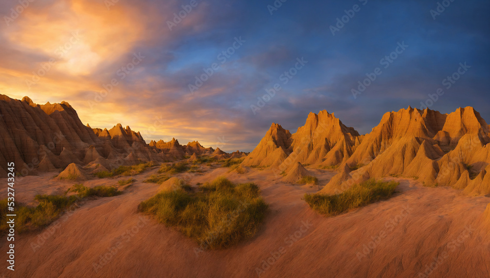 Φωτογραφία The Badlands National Park, South Dakota during late day sunset with tall rock f