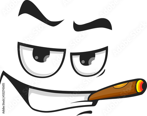 Cartoon smoking face, vector character with cigar