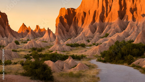The Badlands National Park  South Dakota during late day sunset with tall rock formations - Beautiful Landscape Panorama