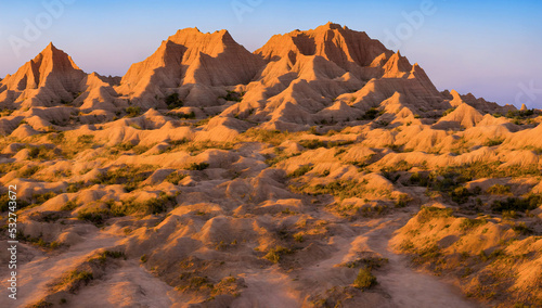 The Badlands National Park  South Dakota during late day sunset with tall rock formations - Beautiful Landscape Panorama