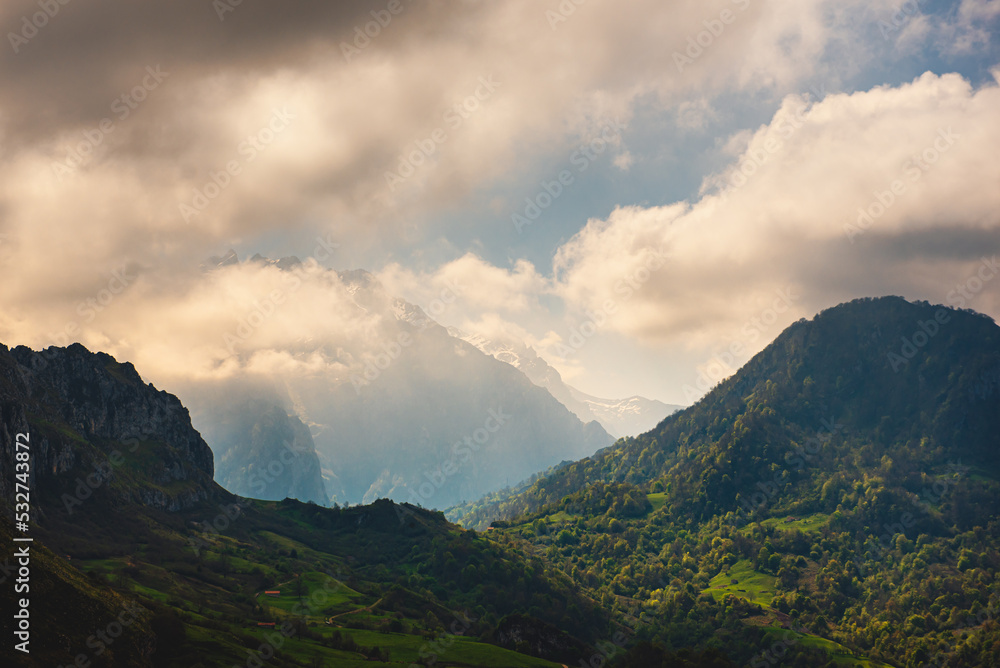 mountain landscape covered by mist in asturias, spain, picos de europa national park