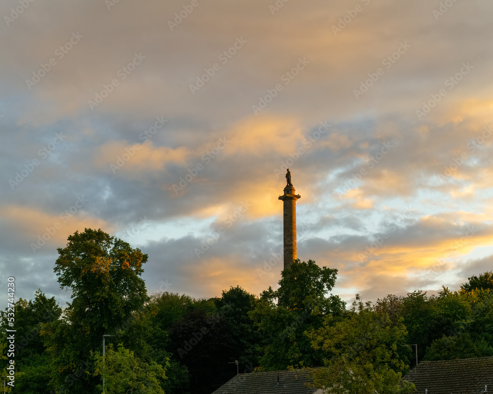 22 September 2022. Elgin, Moray, Scotland. This is the Duke of Gordon Monument at the top of Ladyhill at sunset.