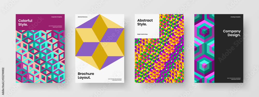 Abstract mosaic hexagons postcard layout set. Isolated booklet A4 design vector illustration composition.