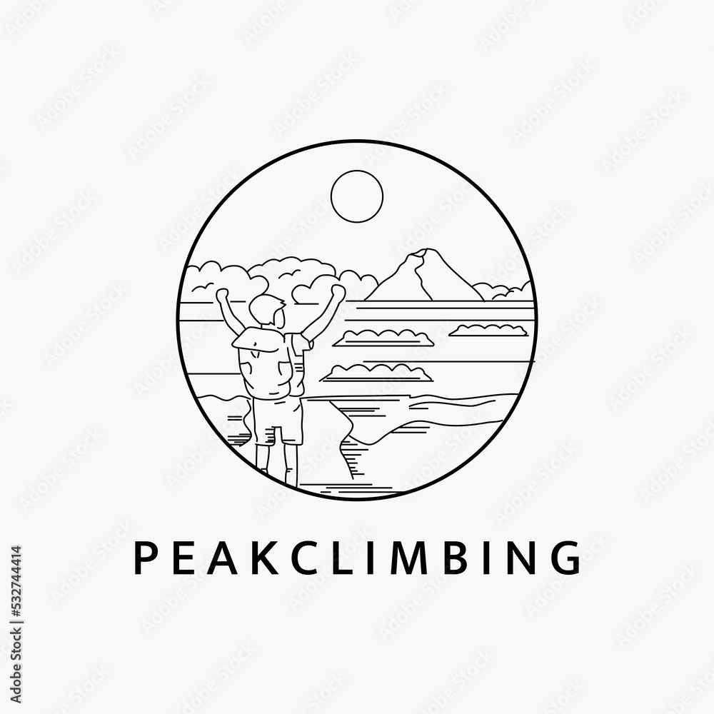 Naklejka premium Minimalist line art logo illustration template design of man climbing the mountain