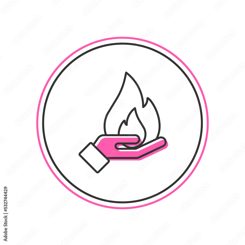 Filled outline Hand holding a fire icon isolated on white background. Insurance concept. Security, safety, protection, protect concept. Vector Filled outline Hand holding a fire icon isolated on white background. Insurance concept. Security, safety, protection, protect concept. Vector