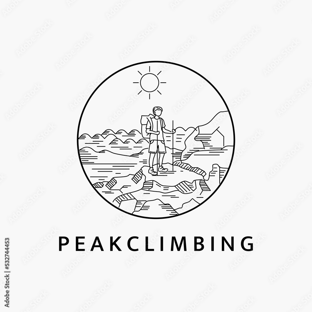 Minimalist line art logo illustration template design of man climbing the mountain