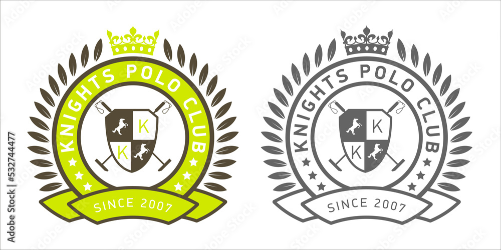 Polo club logo. Shield horse badge. Equestrian competition. Polo sport game emblem with crown and banner. Print for polo team