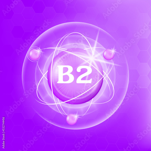 Vitamin B2 icon structure purple substance of butterfly pea. Medicine health symbol of thiamine. Drug business concept. Vector Illustration. 3D. Complex with chemical formula. Personal care, beauty.