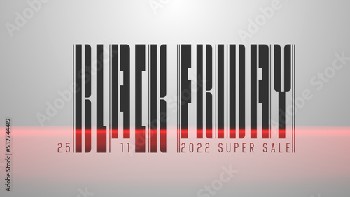 Black Friday text in barcode style on white background with scaner glow red line. Vector futuristic sale concept light gray background. 25 november super sale