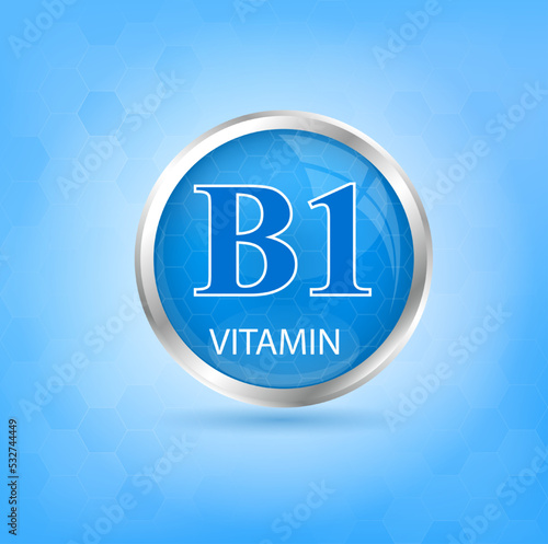 Vitamin B1 icon structure blue substance. 3D Vector Illustration. Personal care, beauty concept. Medicine health symbol of thiamine. Drug business concept. Vitamin complex with chemical formula.