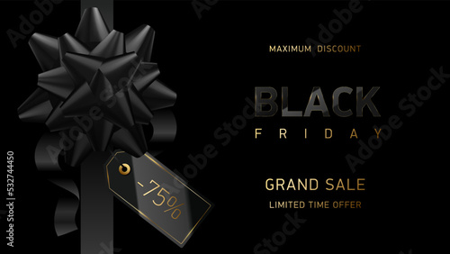 Decorative black ribbon bow with price tag isolated on black background. Vector tag decorative golden text. Black Friday Grand Sale design maximum discount