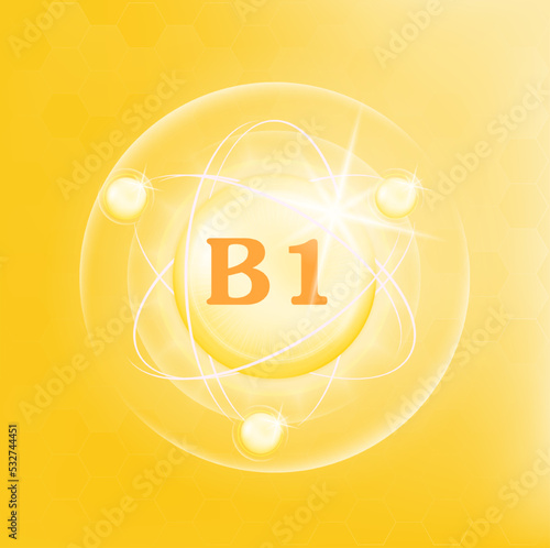 Vitamin B1 icon structure yellow substance. 3D Vector Illustration. Medicine health symbol of thiamine. Drug business concept. Vitamin complex with chemical formula. Personal care, beauty concept.