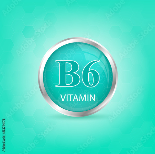 Vitamin B6 icon structure light green substance. Personal care, beauty concept. Medicine health symbol of thiamine. Drug business concept. Vector Illustration. 3D Vitamin complex with chemical formula