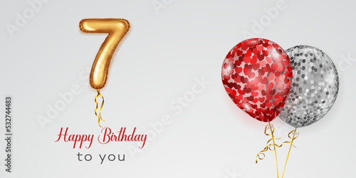 Festive birthday illustration with colored helium balloons, big number 7 golden foil balloon and inscription Happy Birthday on white background
