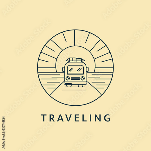 Minimalist traveling logo line art illustration template design with circle. Tour by car with beautiful views.