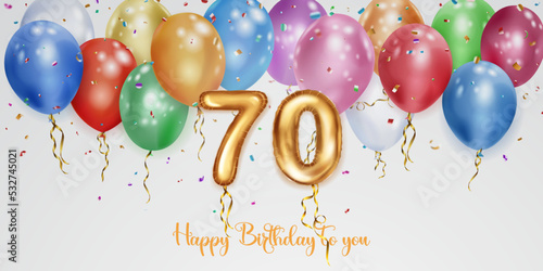Festive birthday illustration with colored helium balloons, big number 70 golden foil balloon, flying shiny pieces of serpentine and inscription Happy Birthday on white background